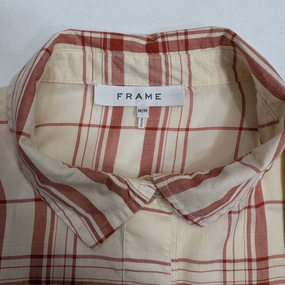 FRAME Plaid Ruffle Button‑Down Shirt Red/Cream Size M - Picture 6 of 10